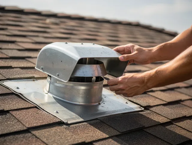 Sudbury Dryer Vent Cleaning certified technician safely cleaning a roof-mounted dryer vent in Sudbury