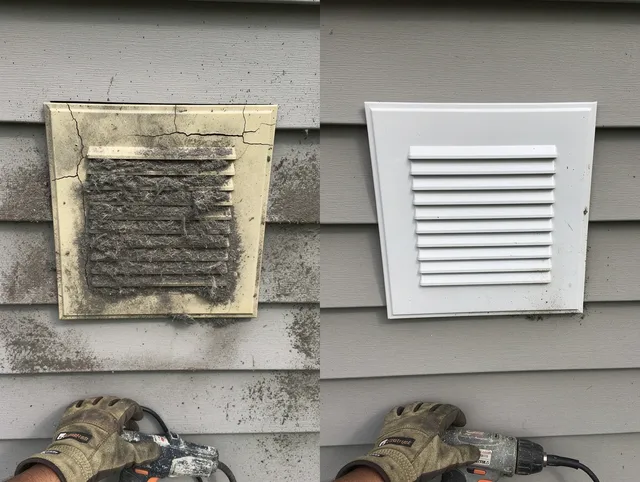 Sudbury Dryer Vent Cleaning technician installing high-quality dryer vent cover at a residential property in Sudbury
