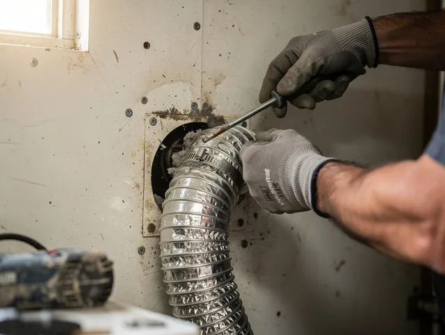 Sudbury Dryer Vent Cleaning technician performing precise dryer vent hose installation in Sudbury